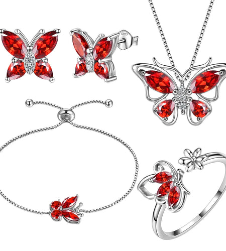 January Birthstone Jewelry Set Red Butterfly Garnet Fine Necklace/Earrings/Ring/Bracelet Sterling Silver Women Xmas Birthday Mother'S Day Gifts