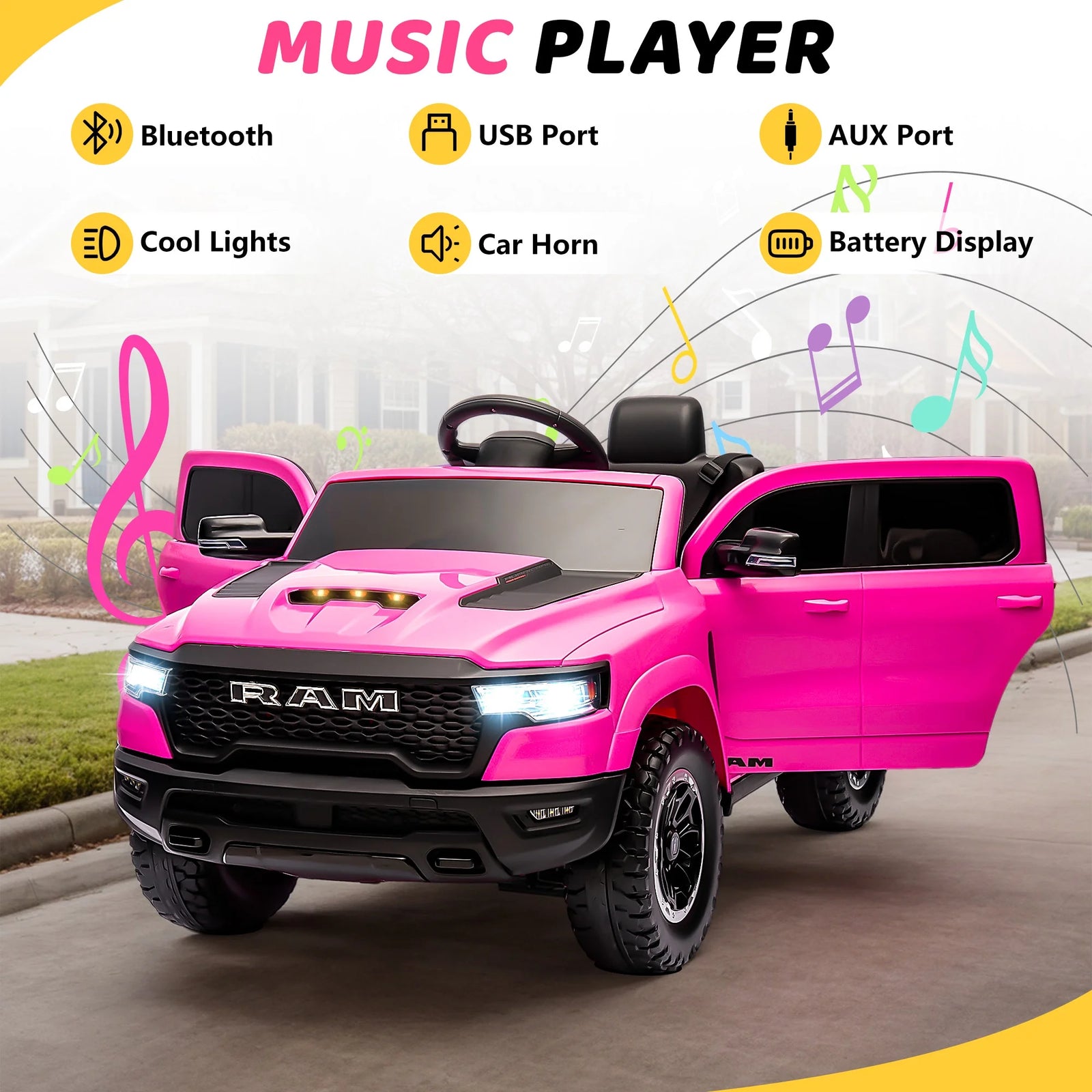 RAM 1500 Ride on Car Toy for Kids, 12V Powered Ride on Truck Toy with Remote Control, 4 Wheel Suspension, Safety Belt, Music, Bluetooth, LED Lights, Electric Cars for 3-5 Yrs Boy Girl, White