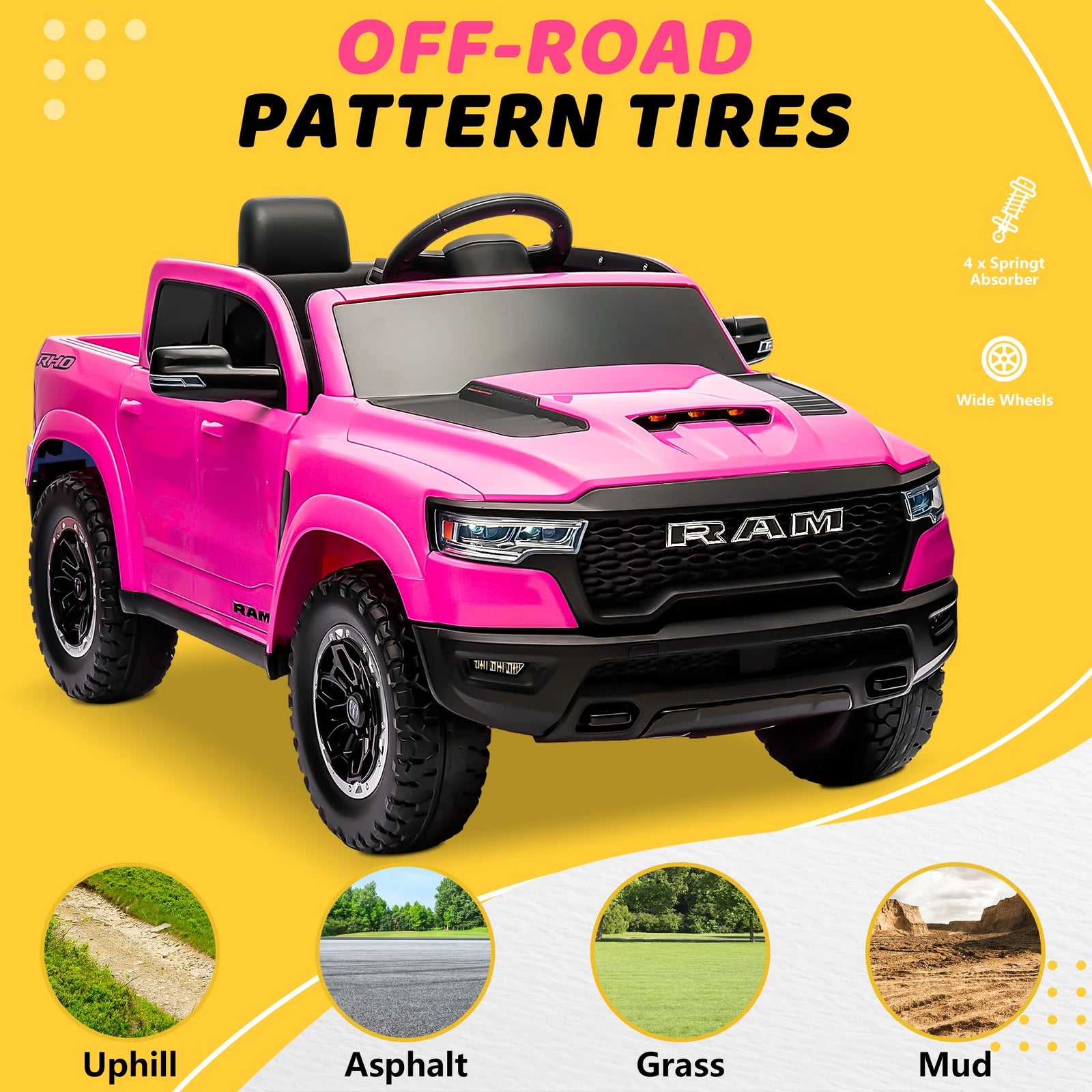 RAM 1500 Ride on Car Toy for Kids, 12V Powered Ride on Truck Toy with Remote Control, 4 Wheel Suspension, Safety Belt, Music, Bluetooth, LED Lights, Electric Cars for 3-5 Yrs Boy Girl, White