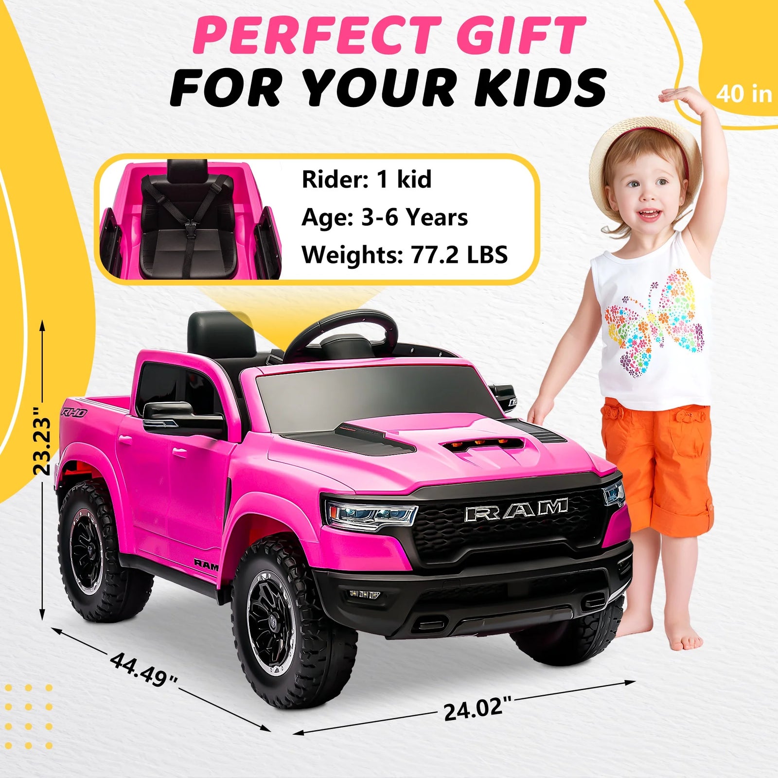 RAM 1500 Ride on Car Toy for Kids, 12V Powered Ride on Truck Toy with Remote Control, 4 Wheel Suspension, Safety Belt, Music, Bluetooth, LED Lights, Electric Cars for 3-5 Yrs Boy Girl, White