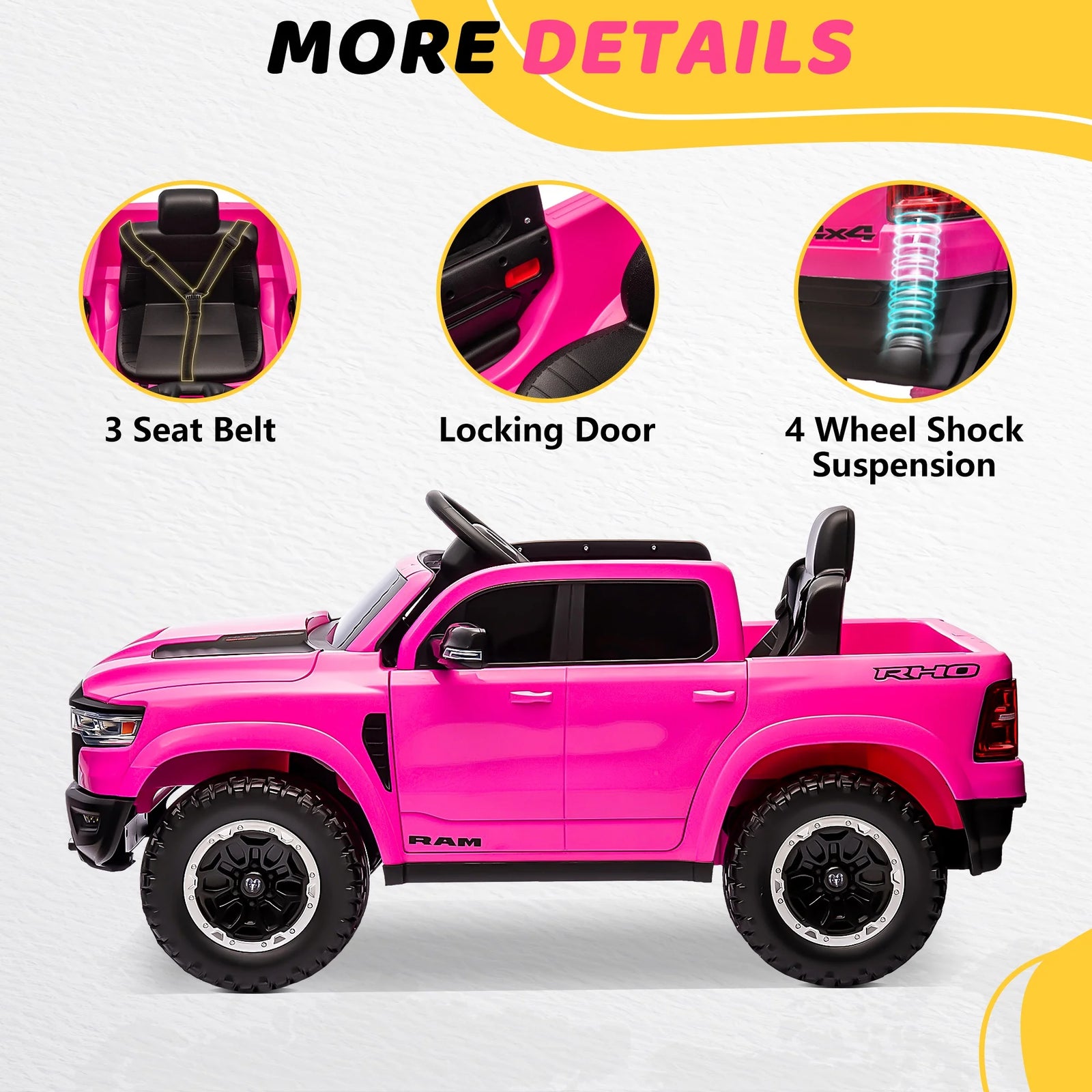 RAM 1500 Ride on Car Toy for Kids, 12V Powered Ride on Truck Toy with Remote Control, 4 Wheel Suspension, Safety Belt, Music, Bluetooth, LED Lights, Electric Cars for 3-5 Yrs Boy Girl, White