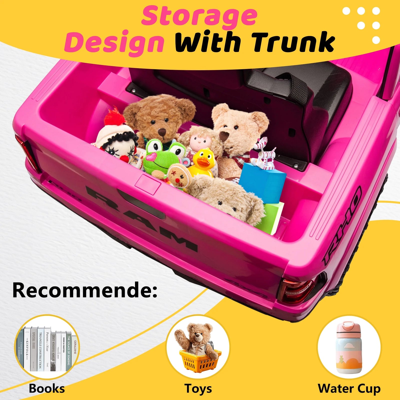 RAM 1500 Ride on Car Toy for Kids, 12V Powered Ride on Truck Toy with Remote Control, 4 Wheel Suspension, Safety Belt, Music, Bluetooth, LED Lights, Electric Cars for 3-5 Yrs Boy Girl, White