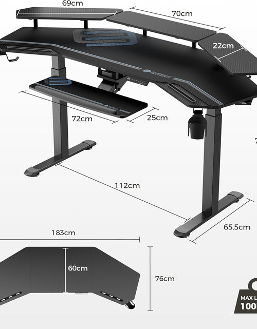 Load image into Gallery viewer, Gaming Desk, Standing Desk Keyboard Tray, 72&quot; Wing Shaped Music Studio Desk Electric Adjustable Height Desk Sit Stand Desk with LED Shelves, Gaming Recording Live Stream, Slot Design
