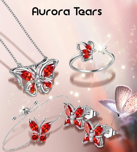 January Birthstone Jewelry Set Red Butterfly Garnet Fine Necklace/Earrings/Ring/Bracelet Sterling Silver Women Xmas Birthday Mother'S Day Gifts