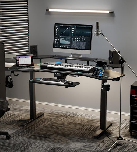Gaming Desk, Standing Desk Keyboard Tray, 72" Wing Shaped Music Studio Desk Electric Adjustable Height Desk Sit Stand Desk with LED Shelves, Gaming Recording Live Stream, Slot Design