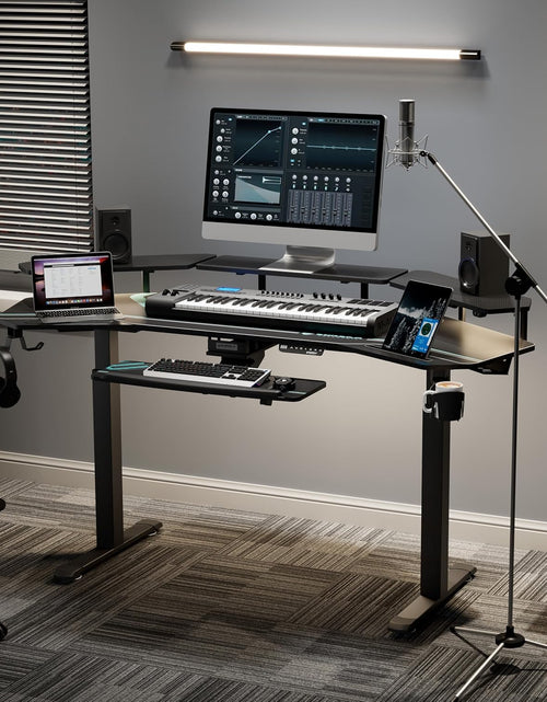 Load image into Gallery viewer, Gaming Desk, Standing Desk Keyboard Tray, 72&quot; Wing Shaped Music Studio Desk Electric Adjustable Height Desk Sit Stand Desk with LED Shelves, Gaming Recording Live Stream, Slot Design
