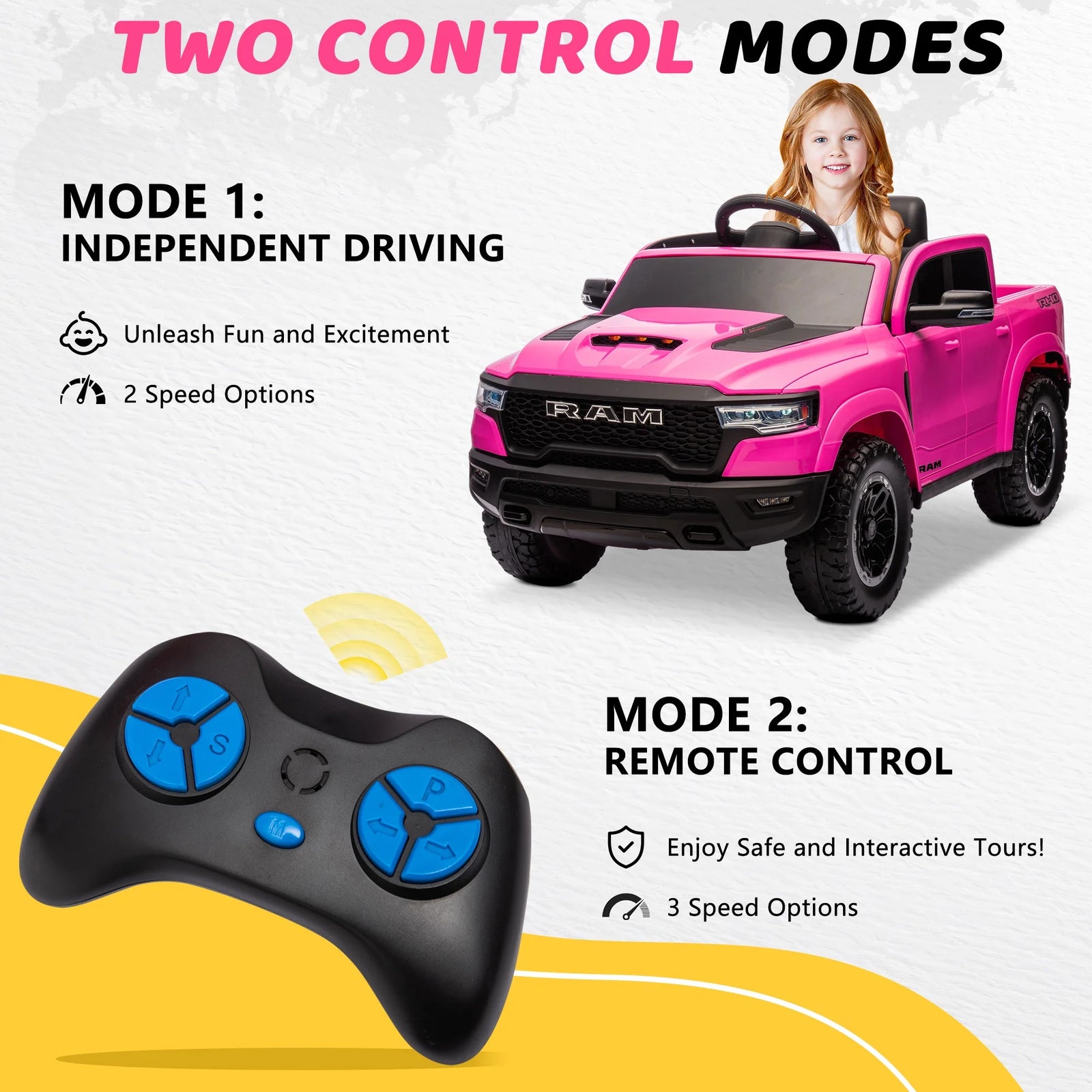 RAM 1500 Ride on Car Toy for Kids, 12V Powered Ride on Truck Toy with Remote Control, 4 Wheel Suspension, Safety Belt, Music, Bluetooth, LED Lights, Electric Cars for 3-5 Yrs Boy Girl, White